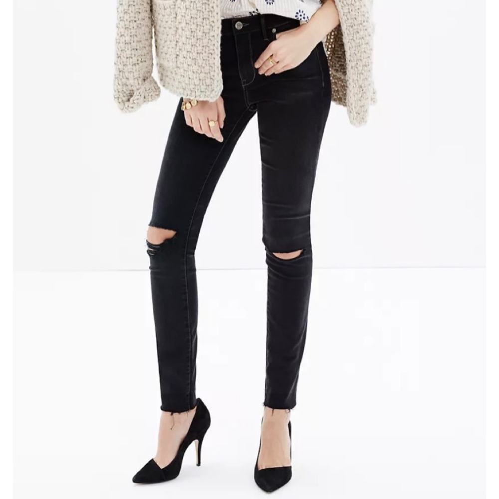 MADEWELL • Black High-Rise Distressed Knee Skinny Jeans, 27